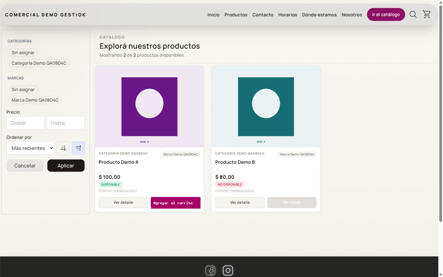 Catálogo público de Comercial Demo GESTIOK con Producto Demo A, Producto Demo B, imágenes, precios, disponibilidad y la acción Agregar al carrito.